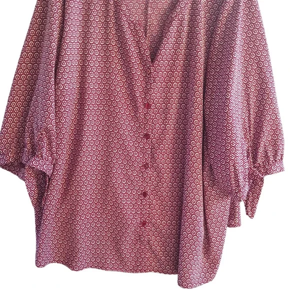 CATHERINES Button Up Blouse Womens 4X Red Geometric Georgette Tie 3/4 Sleeve - Picture 4 of 13